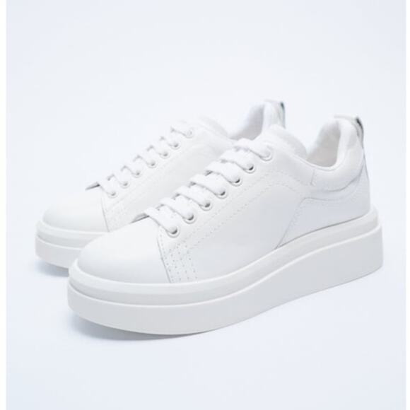Zara Athletic Leather Lace Up Platform Sneakers Shoes White Size 40 - Picture 2 of 11
